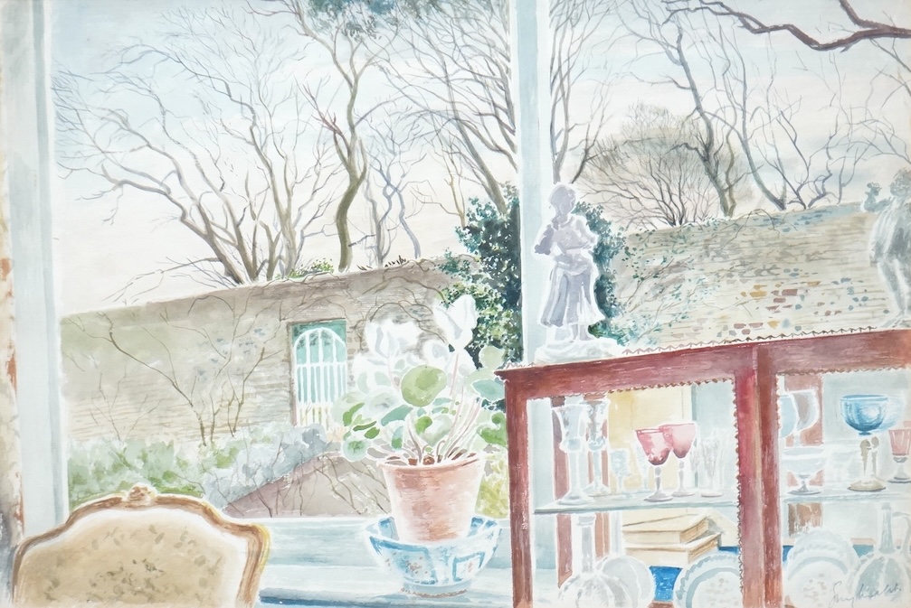 20th century School, View of a windowsill before a country garden, indistinctly signed lower right, watercolour, 37 x 56cm